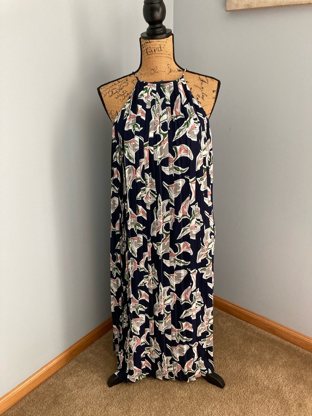 J.O.A. Navy Halter Midi Dress with Pink & Cream Floral Print